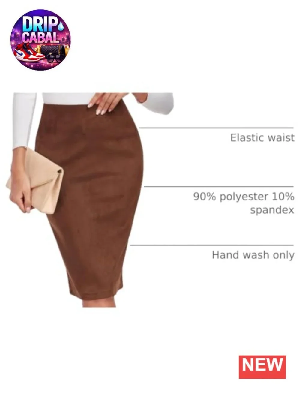 Faux Suede Pencil Skirt Midi Elastic Waist Work Casual